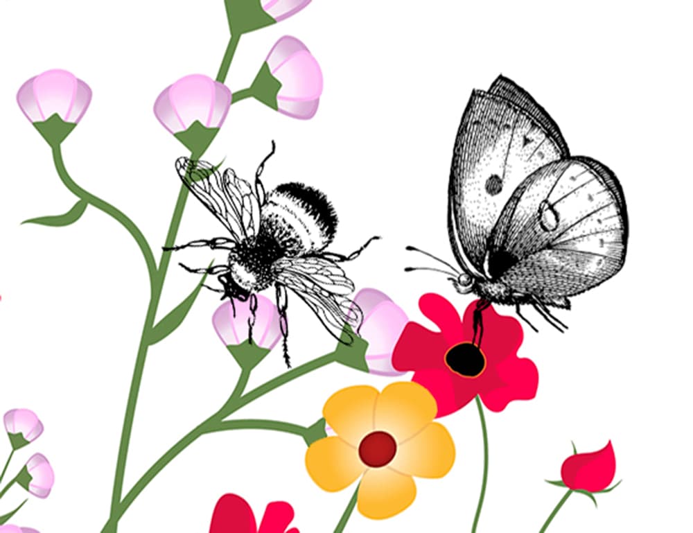 Tecknade blommor i olika färger, på blommorna sitter en svartvit fjäril och en humla